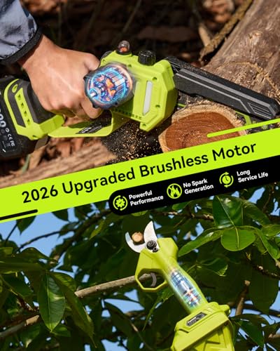 Supstable 4-in-1 Pole Saw & Pruning Shears Combo Kit, 6 Inch Mini Chainsaw for Tree Trimming, Battery Powered Chain Saw with Extension Pole, Limb Branch Cutter Pruner with 2 x 4000mAh Batteries - color: Kelly Green