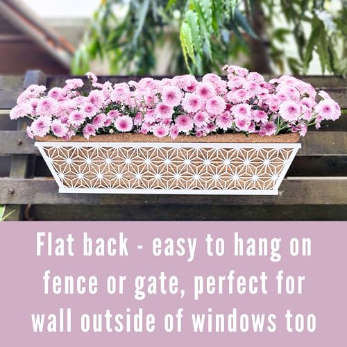 LaLaGreen Window Boxes Planter (2 Pack, 24 Inch) White Metal Rectangular Wall Planters with Coco Liner, Horse Trough Deck Railing for Outdoor Plants Holder, Modern Rail, Balcony, Fence, Porch Patio - size: 24" (61cm) x 2 pack