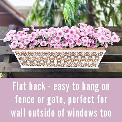 LaLaGreen Window Boxes Planter (2 Pack, 24 Inch) White Metal Rectangular Wall Planters with Coco Liner, Horse Trough Deck Railing for Outdoor Plants Holder, Modern Rail, Balcony, Fence, Porch Patio - size: 24" (61cm) x 2 pack