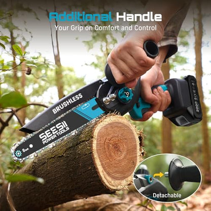 SEESII 8 Inch & 6 Inch Mini Chainsaw Cordless with 2 Batteries & Auto Oiler - color: Blue