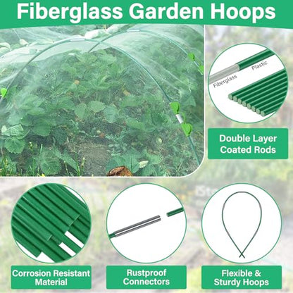 Garden Mesh Netting Kit for Raised Beds, 10x33FT Ultra Fine Mesh Netting& 6 Sets 8FT Fiberglass Garden Hoops, Insect Netting Row Cover, Pest Barrier Protection for Vegetable Fruits Flowers