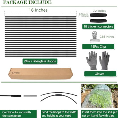 24 Rods Garden Hoops Kit for Raised Beds, 6 Sets 5FT Fiberglass Grow Tunnel - size: 24 Pcs
