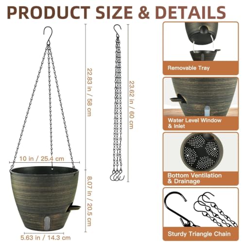 ZMTECH 10 Inch Self Watering Hanging Planters for Indoor Plants, Gold Bronze Hanging Baskets for Outdoor, Water Level Indicator & Removable Reservoir for Garden Porch Home Decor（2 Pack） - color: Gold Bronze-10"×2, size: 10 Inch - 2 Pack