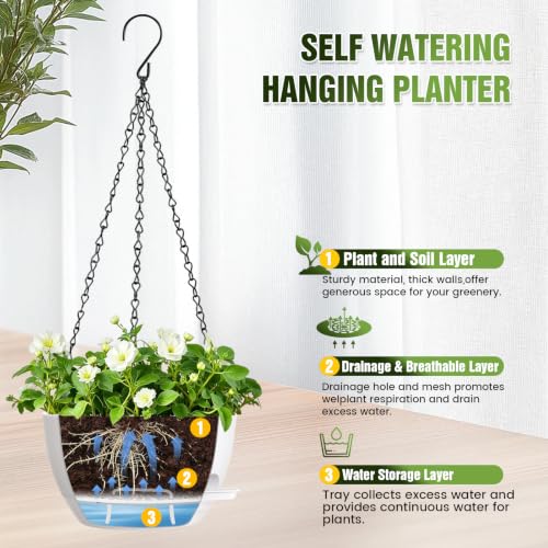 8 Inch Self Watering Hanging Planters Set of 3 with Saucers - color: White, size: 8 Inch 3 Pack