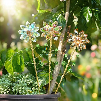 3Pcs Crystal Sunflower Suncatchers Glass Plant Suncatcher with Metal Stake - color: Ab, Red, Amber