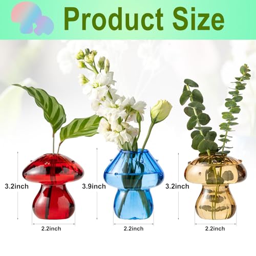 Mushroom Vases, Set of 3 Colored Plant Propagation Station, Mushroom Propagation Vase, Mini Terrarium for Plants, Cute Glass Hydroponic Vase for Flowers, Gifts for Women, Plant Lover (3)