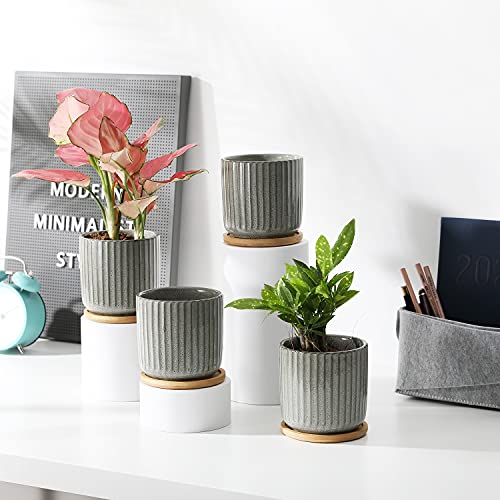 4 in Cylinder Ceramic Plant Pots with Trays, Green Grey, Set of 4 - color: Green-grey(4inch)