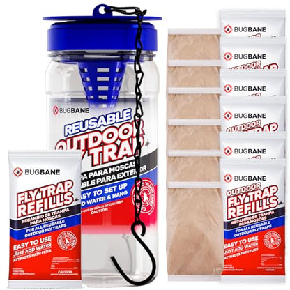 1 Reusable Outdoor Fly Trap with Chains with 8 Non-Toxic Dissolvable Bait Refills