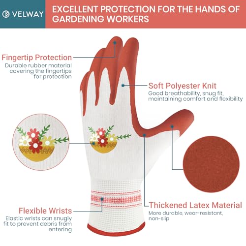 Velway 6 Pairs Gardening Gloves for Women - Breathable Rubber Coated Garden Work Gloves - Outdoor Protective Yard Gloves with Grip Gardening Gifts - Red & Purple Large - color: Red+purple, size: Large-6Pack