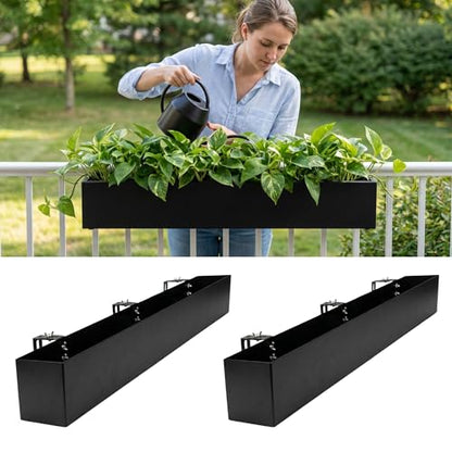 LaLaGreen Railing Planter Box (36 Inch, 2 Pack) Black Metal Rectangular Hanging Flower Boxes with Brackets, Large Planters for Outdoor Plants Deck Railings Fence Balcony Patio Porch Over Rail Garden - size: 36" x 2 Pack