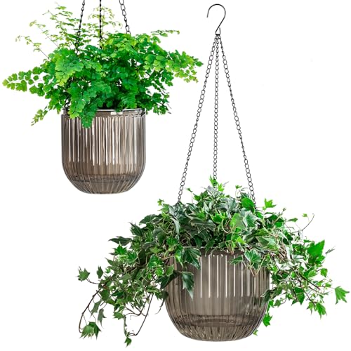 Melphoe 2 Pack Self Watering Hanging Planters Indoor Flower Pots, 5.3/8.3 Inch Outdoor Hanging Basket, Plant Hanger with 3Hooks Drainage Holes for Garden Home (Gray) - color: Gray, size: 8.3''+5.3''