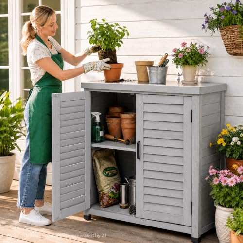 Outdoor Storage Cabinet with Metal Tabletop, Cedar Wood Garden Workstation - color: Accent Grey, size: 31x17x36
