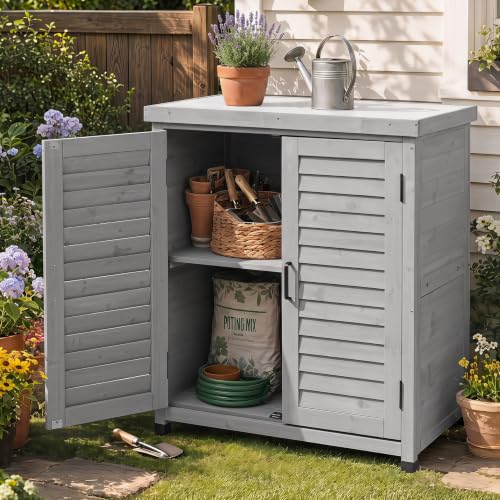 Outdoor Potting Bench with Storage Cabinet and Metal Top, Wood Workstation for Outdoor Patio, Garden (Light Grey, 31x17x36‘’) - color: Light Grey, size: 31x17x36"