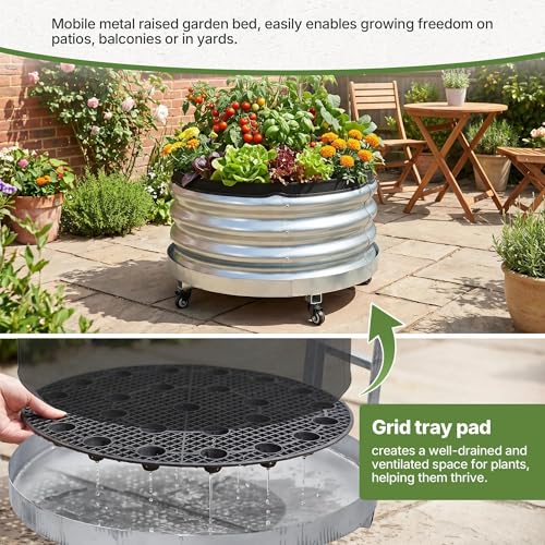 Large Rolling Garden Planter Box with Geotextile Grow Bag & Plastic Tray Pad, Galvanized Metal Raised Garden Bed Outdoor with Wheels for Flowers Tomatoes Vegetables Olive Trees, 2x1.4ft - size: 2x1.4 ft