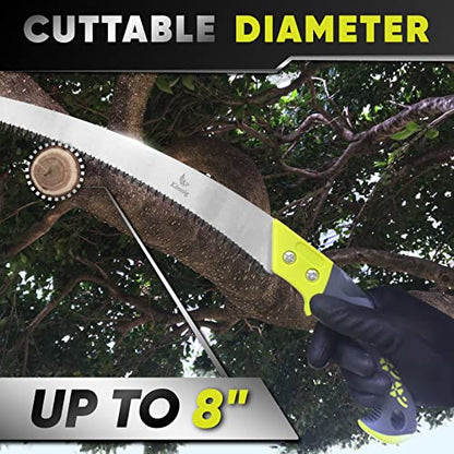 Konnig Professional Heavy Duty Pruning Saw, Comfort Handle with Saw Blade Enclosure - Japanese Design Hand Saw with FREE Garden Gloves - size: Razor Sharp 14.1" Curved