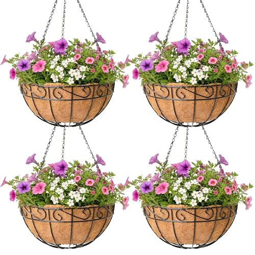 4 Pack Hanging Planter for Outdoor Plants 14 inch Metal Hanging Flower Basket with Coco Coir Liner Round Wire Plant Holder Chain Flower Pots Outdoor Garden Decoration Watering Hanging Baskets（HB） - size: 14" x 4 Pack, style: Flower Border