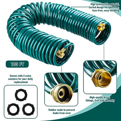 Pangda Expandable Coil Garden Hose 100 ft with Spray Nozzle, Green - color: Green, size: 100 Ft