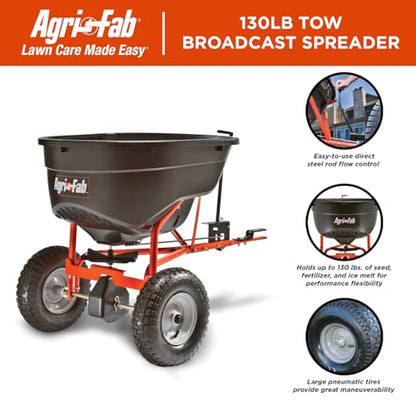 Agri-Fab Pull Behind Broadcast Spreader for Seed, Fertilizer, Salt and Ice Melt, 130 lb Hopper Capacity with Universal Hitch and 12 Ft Spread Width - style: Modern