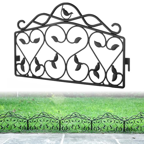 Evelyne Decorative Garden Border Plastic Edging – PP Plastic, Short Metal-Free Faux Wrought Iron Leaf & Bird Design, 8pcs Yard Landscaping Fence Liner Lawn Edge Barrier, 10ft Kit of Decorative Panels - color: Black, size: 10 feet