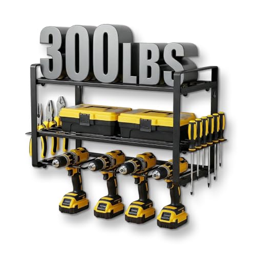 3-Layer Power Tool Organizer Wall Mount, Garage Wall Tool Organizer with Drill Holder, Heavy Duty Metal Shelf for Garage & Workshop