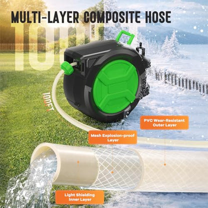 Retractable Garden Hose Reel 1/2" x 100ft, Wall Mounted Water Hose Reel with Auto Rewind, Any Length Lock, 180° Swivel Bracket & 9-Pattern Spray Nozzle, Heavy Duty Outdoor Hose Storage for Garden - color: Green