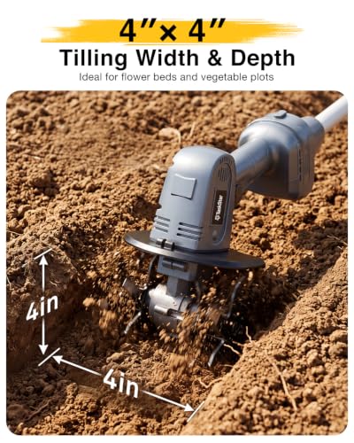 2-in-1 Cordless Tiller Cultivator, 20V Electric Rototiller with Detachable Extension Pole, 2×2.0Ah Battery, Lightweight 4.9 lbs Garden Tiller, 300 RPM for Raised Beds, Lawn, Weeding & Soil Cultivation - size: 4''x4''