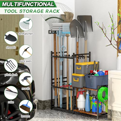 DAOUTIME Garage Tool Organizer with 2-tier Wooden Shelves, Yard Tool Organizer for Garage with 6 Hooks, Heavy duty Steel Garden Tool Rack Holds up to 35 Long Handled Yard tools for Storage, Black - size: 5 Tier