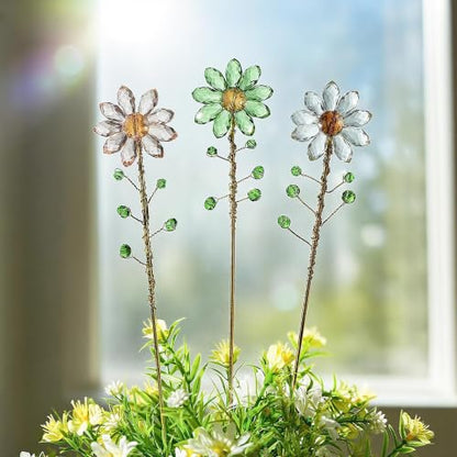 3Pcs Crystal Sunflower Suncatchers with 13'' Gold Trellis Metal Plant Stake - color: Clear, Green, Pink