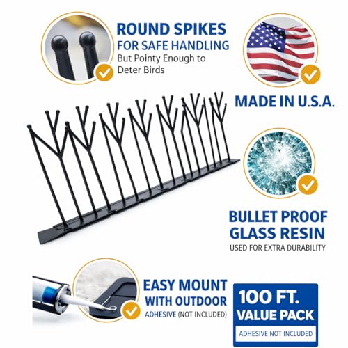 Heavy Duty Bird Spikes – Made in USA – Pigeon & Bird Deterrent for Ledges, Roofs, Fences & Window Sills – Durable Outdoor Anti-Roost Spikes – Humane Bird Control – No Glue Included (100 ft) - size: 100 ft