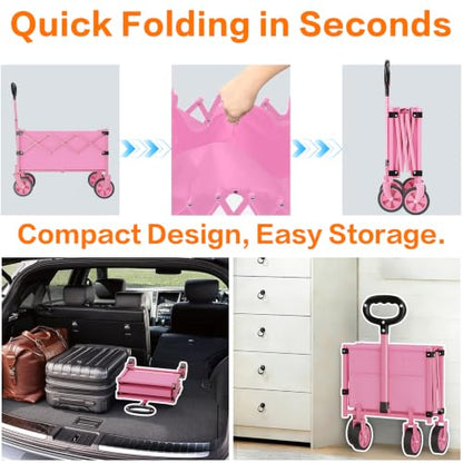 COZEER Wagons Carts Foldable, 360LBS Folding Heavy Duty Wagon with Wheels - color: Pink, size: 100L