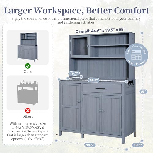 Merax Outdoor Garden Potting Bench with Hutch, 65" H Solid Fir Wood Patio Garden Workstation Tabl with Large Countertop, Adjustable Shelves, Door Rack, Side Hook and Drawer, Gray - color: Gray