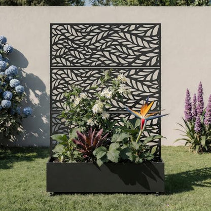 Metal Raised Garden Bed with Trellis and Wheels, 71"x47"x16" (Black-Leaf) - color: Black-leaf, size: 71"x47"x16"