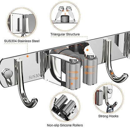 2 Pack Mop and Broom Holder Wall Mount for Kitchen Garden Garage Laundry - color: Silver, size: 2 Pack 3 Racks with 4 Hooks