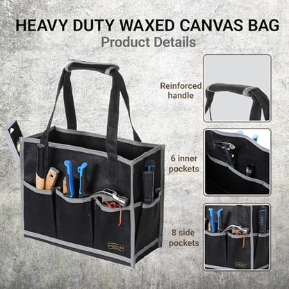 Waxed Canvas Tool Pouch,1 Large Capacity Pocket & 14 Pockets Garden Tool Storage Bag, 14.5 X 6.5 X 11 inch Muti-Purpose Tool Bag with Padded Handle | Black - color: Black