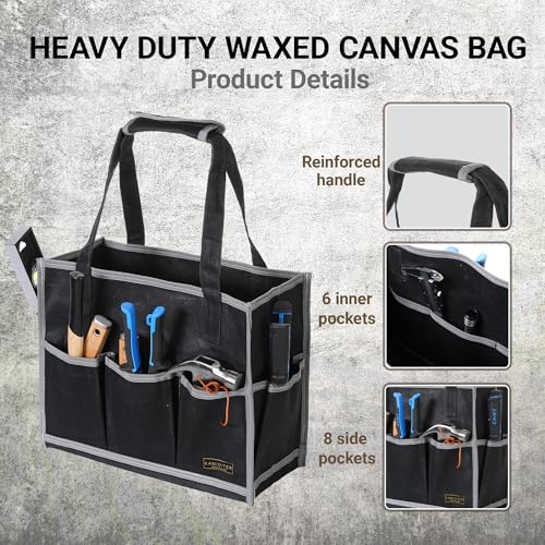 Waxed Canvas Tool Pouch,1 Large Capacity Pocket & 14 Pockets Garden Tool Storage Bag, 14.5 X 6.5 X 11 inch Muti-Purpose Tool Bag with Padded Handle | Black - color: Black