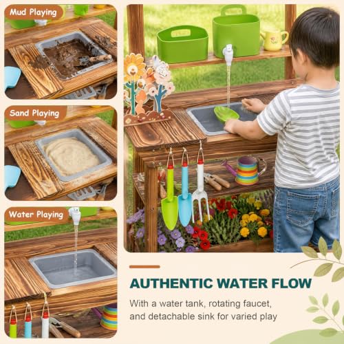 GLACER Mud Kitchen for Kids Outdoor, Fir Wood Potting Bench