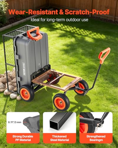 VEVOR 800LBS 7 CU.FT Poly Garden Cart Dump Wagon, Heavy Duty 4 Wheel Wheelbarrow with 10" Flat Free Tires, Yard Cart Dump Wagon with Removable Raised Sides and Quick-Release System - color: Grey01