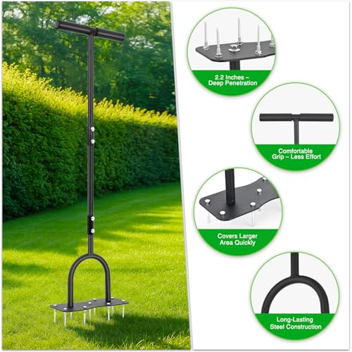 Yesker Lawn Aerator Tool, Manual Metal Soil Aerator with 9 Iron Spikes - size: 38 Inches