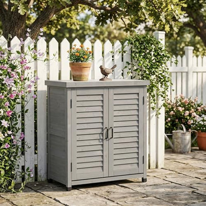 Solid Wood Patio Storage Cabinet with Metal Top - color: Grey - 31.50 X 17.00 X 36.00 Inch