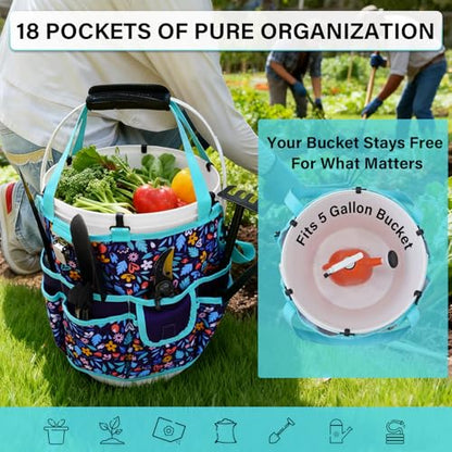 KUNN Bucket Tool Organizer 5 Gallon with Hangable Handle 18-Pocket Detachable Bucket Bag for Tools, Garden Caddy Tote with Pockets, Heavy Duty 600D Polyester Gardening Accessory,Blue - color: Navy Bloom