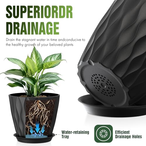 8 Inch Plant Pots 4 Pack Plastic Planters with Drainage & Saucers - color: Black
