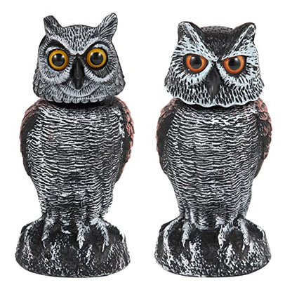 Hedoc 2 Pack Fake Owl Decoys to Scare Birds Away, Rotating Head Bird Deterrents, Nature Enemy Scarecrow Plastic Statues, Pest Repellent for Gardens and Patios - size: 10+11 Inch