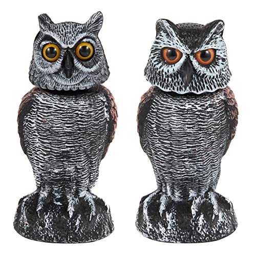 Hedoc 2 Pack Fake Owl Decoys to Scare Birds Away, Rotating Head Bird Deterrents, Nature Enemy Scarecrow Plastic Statues, Pest Repellent for Gardens and Patios - size: 10+11 Inch