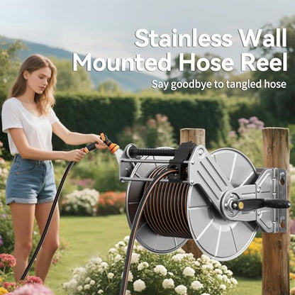 Giraffe Tools Wall Mounted Stainless Steel Garden Hose Reel,150FT 5/8" Hose - size: 150 FT Capacity