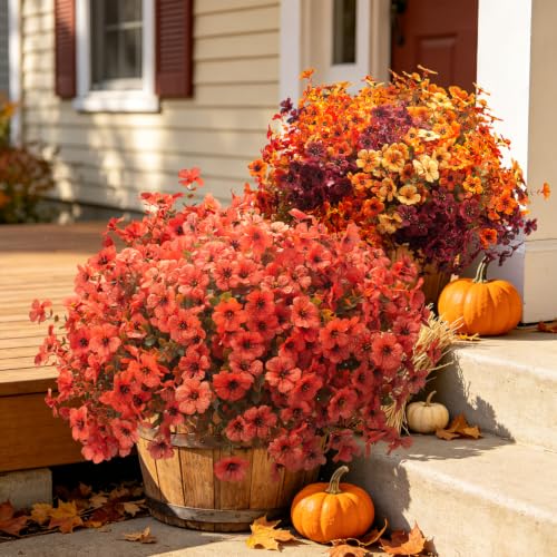 20 Bundles Fake Mums UV Resistant Artificial Fall Flowers for Outdoors - color: Fall Orange Red