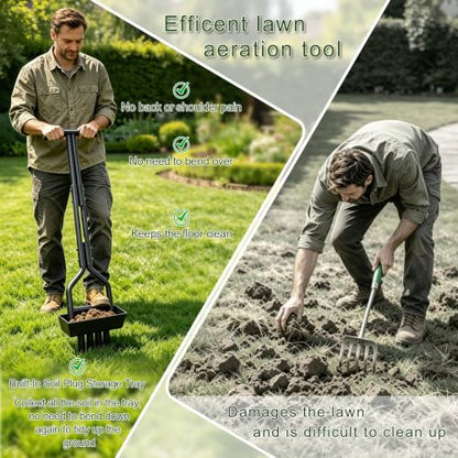 4-Tine Lawn Aerator with Soil Tray – 39.5" Manual Coring Tool for Grass, Yard & Compacted Soil – 4.5" Hollow Tines, Upgraded 4-Tine Design