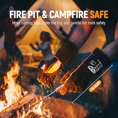 TOPDC 14Inch Welding Gloves 482°F Heat Resistant Leather for Fire Pit Grill - color: 14 Inch Black-gray