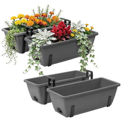 4-Pack Railing Planter Boxes with 2 Sets Double-Sided Adjustable Brackets - color: Gray