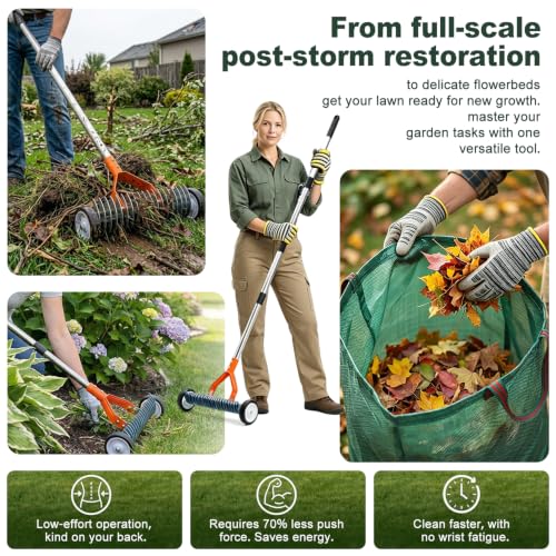 Adjustable Thatch Rake with Wheels - 38"-65" Handle, 21 & 11 Dual-Sided Steel Tines, Heavy-Duty Lawn Dethatching Rake for Cool & Warm Season Grass, Landscape and Lawn Care