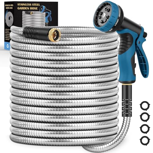 Garden Hose 100FT, Water Hose with 10 Function Nozzle, Garden Hose Metal with Leak-proof Connectors, Kink-Free & Ultra Flexible, Rust/Puncture Proof for Lawn, Yard, RV, Car Wash, 550PSI - size: 100 FT